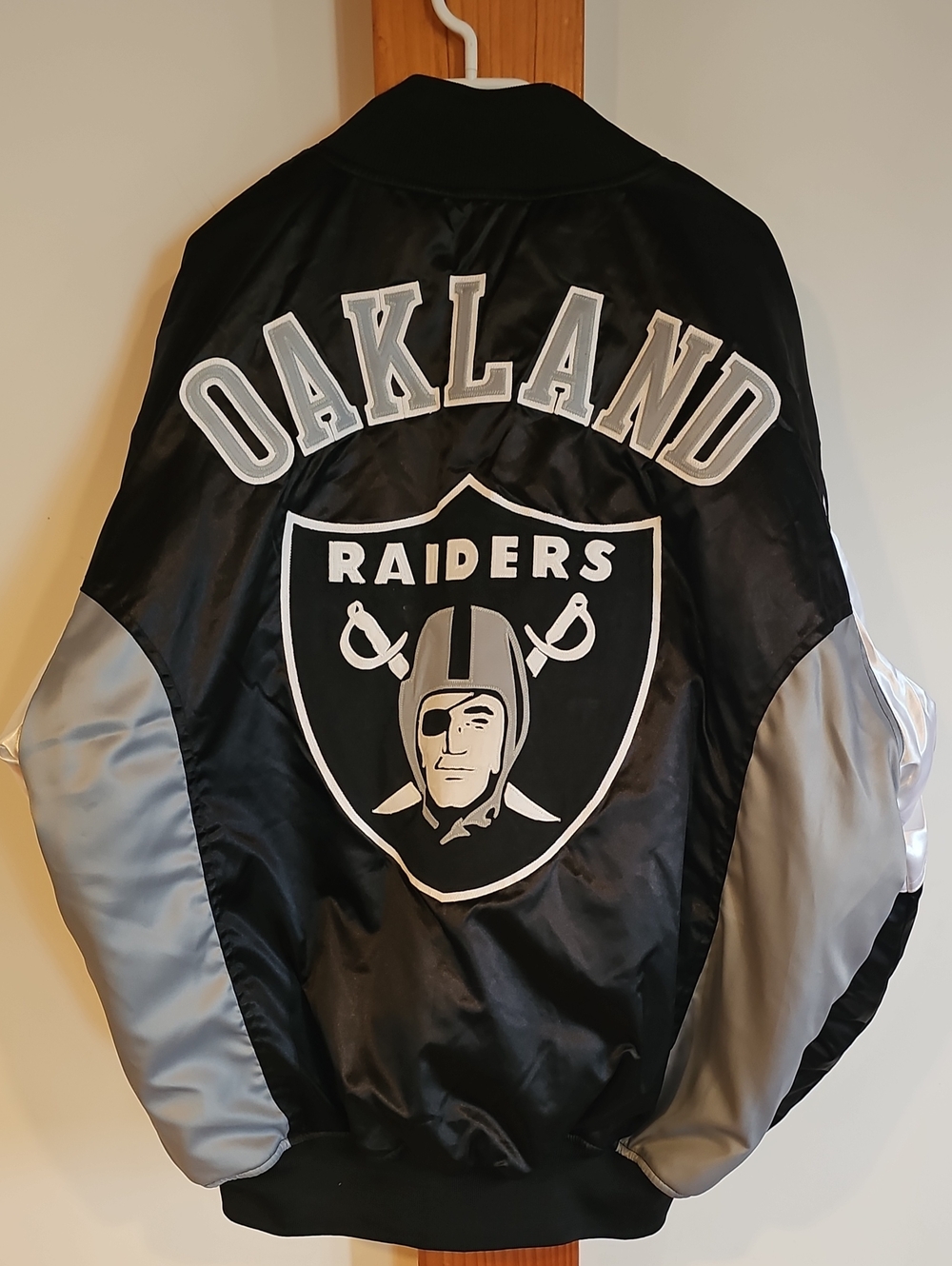NFL Raiders Black and Silver Satin Bomber Jacket - Men